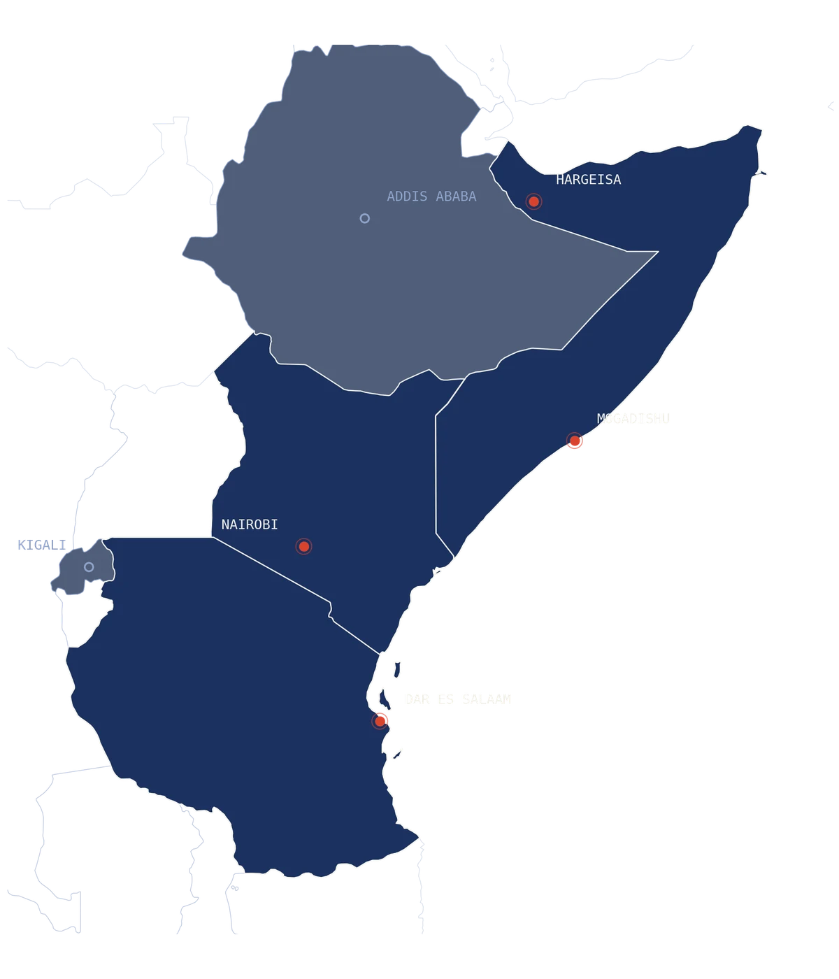 Map of East and the Horn of Africa marking Broadline offices in Mogadishu, Hargeisa, Nairobi and Dar es Salaam, with partner markets in Addis Ababa and Kigali