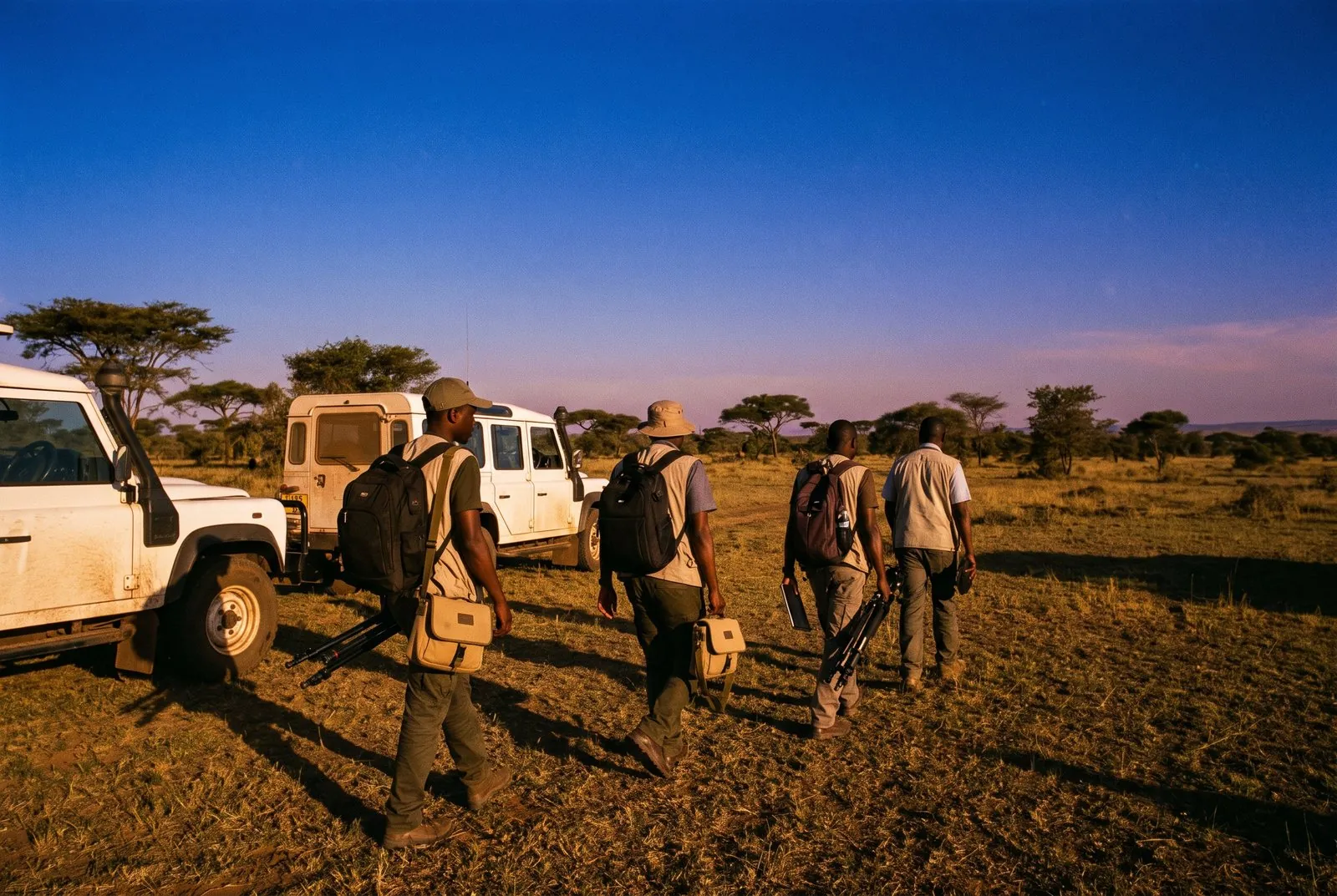 Survey field team walking from vehicles across savanna at dawn